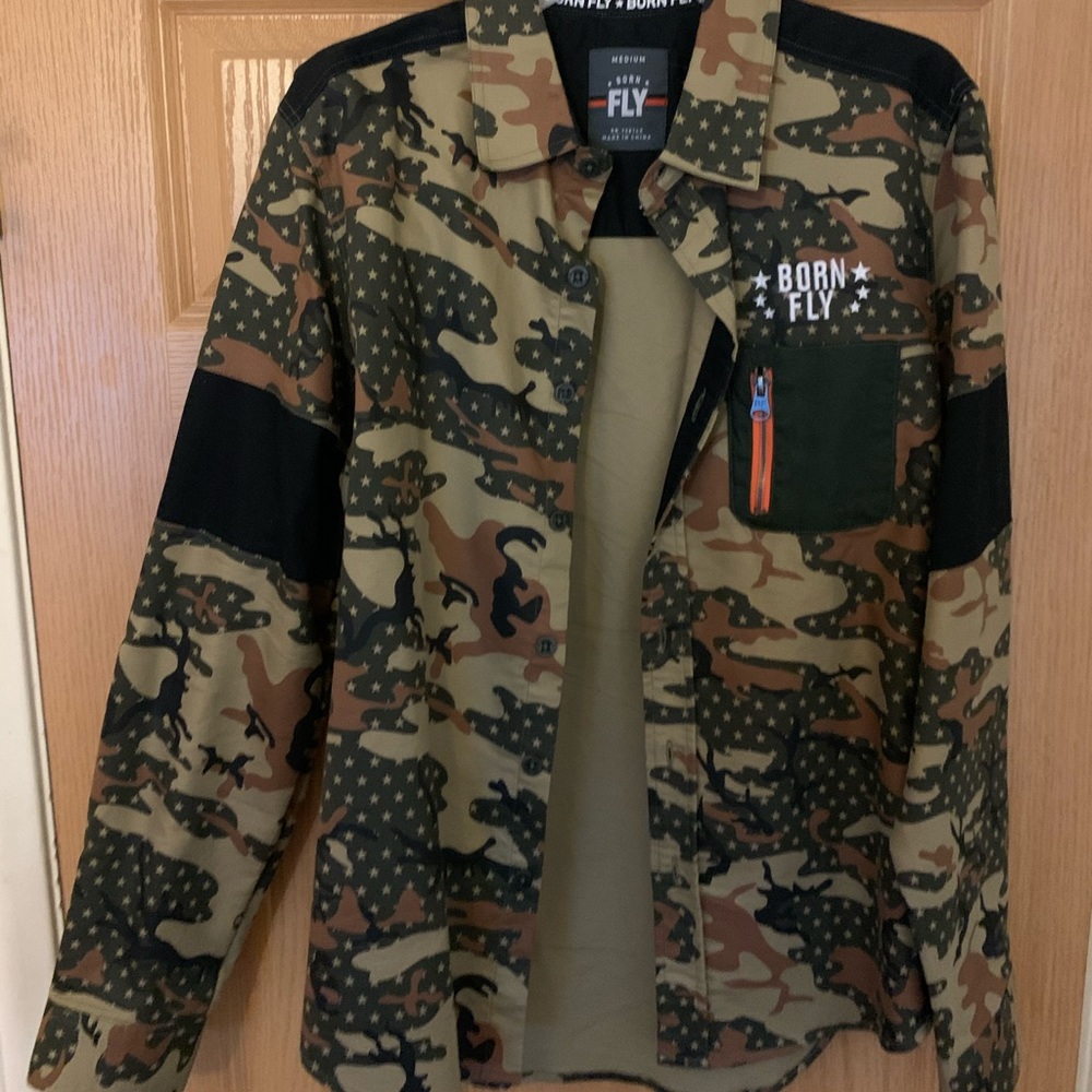 Men’s “Born Fly” camouflage button down.